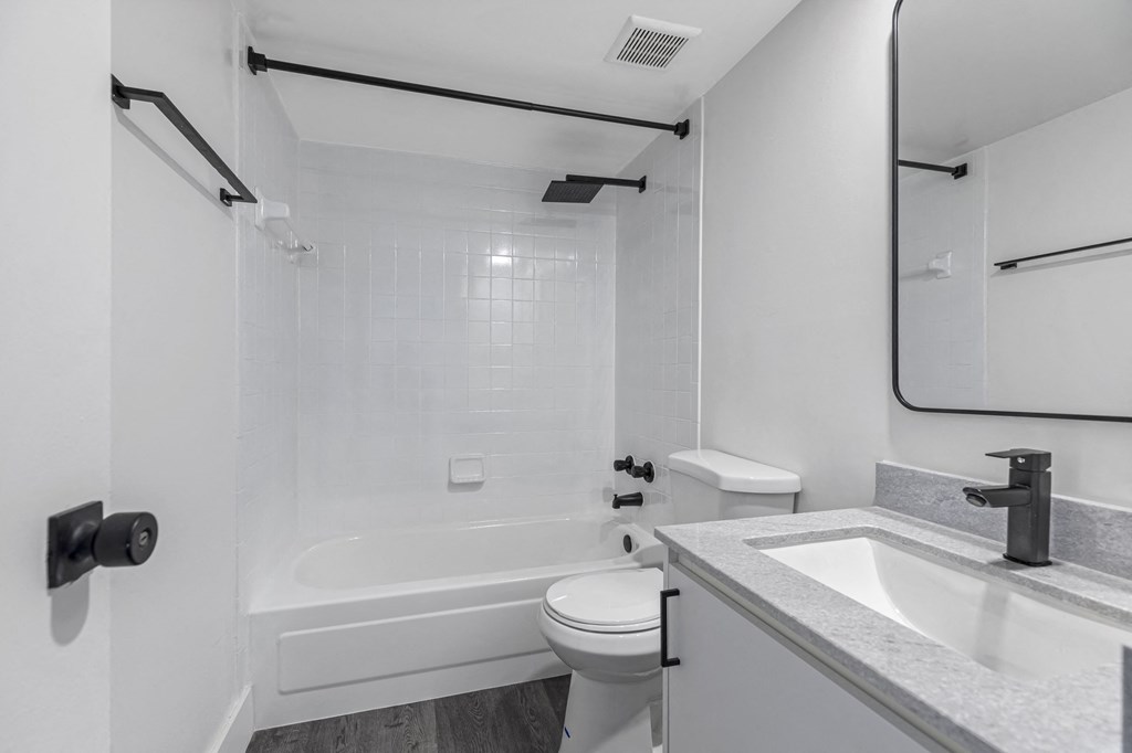 a bathroom with a sink toilet and bathtub