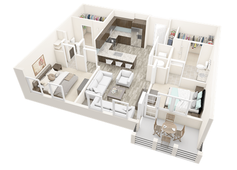 a 3d floor plan of a house with bedrooms and a living room