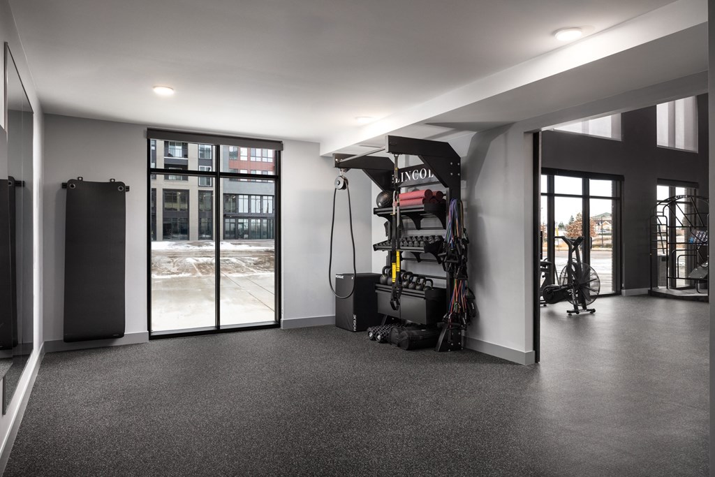 A gym with a grey carpet and black and white walls.