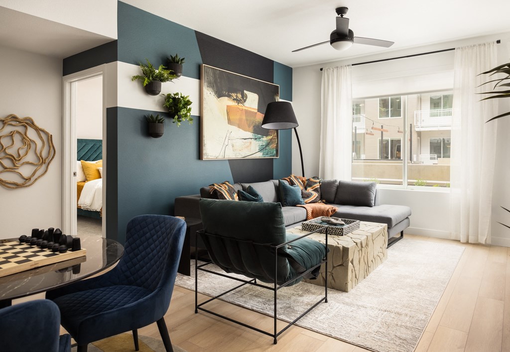 a living room with a blue accent wall and a gray couch