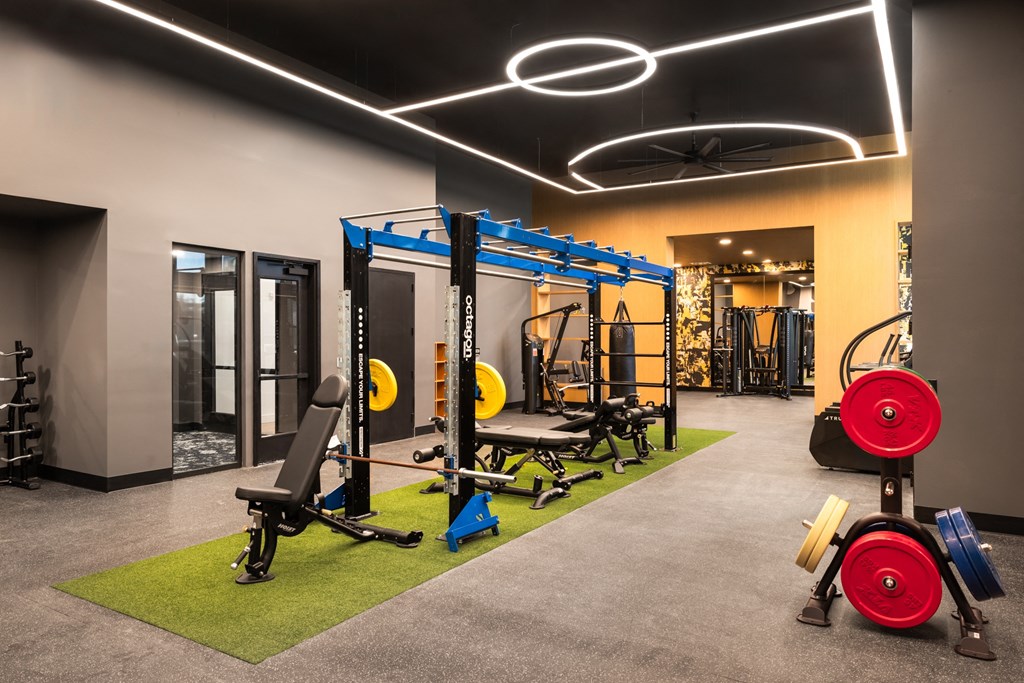 a gym with weights and other exercise equipment in a building