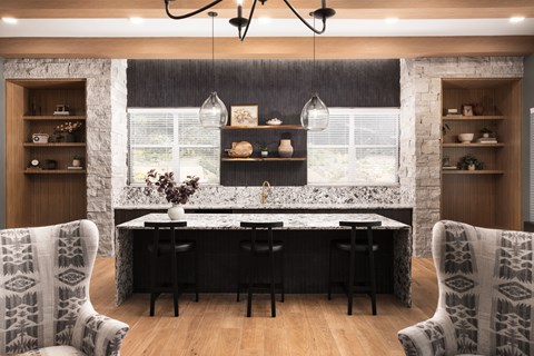 A modern kitchen with a marble countertop and patterned chairs.