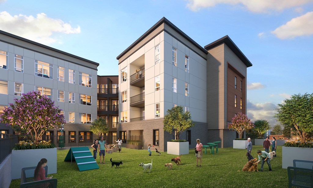 a rendering of a dog park in front of an apartment building