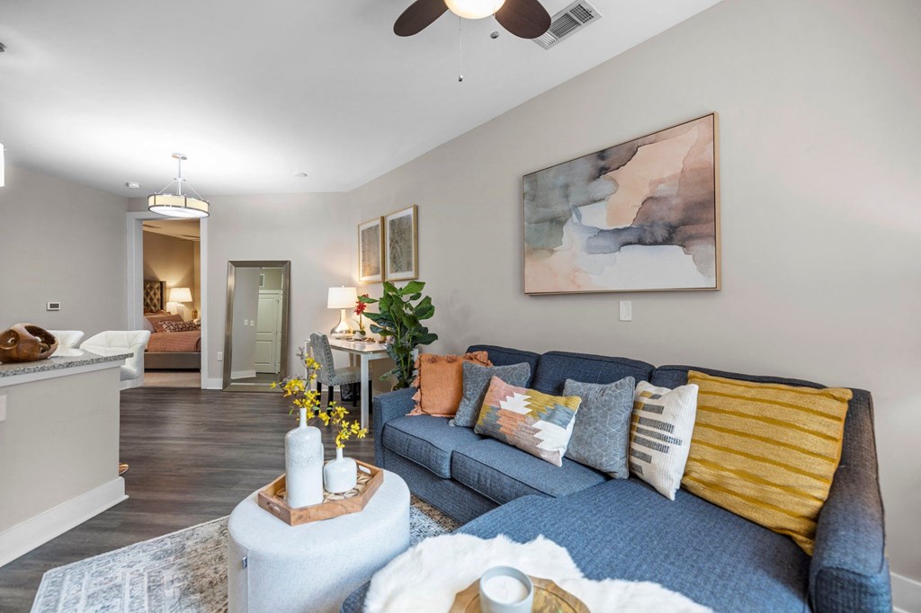 a living room with a couch and a coffee table