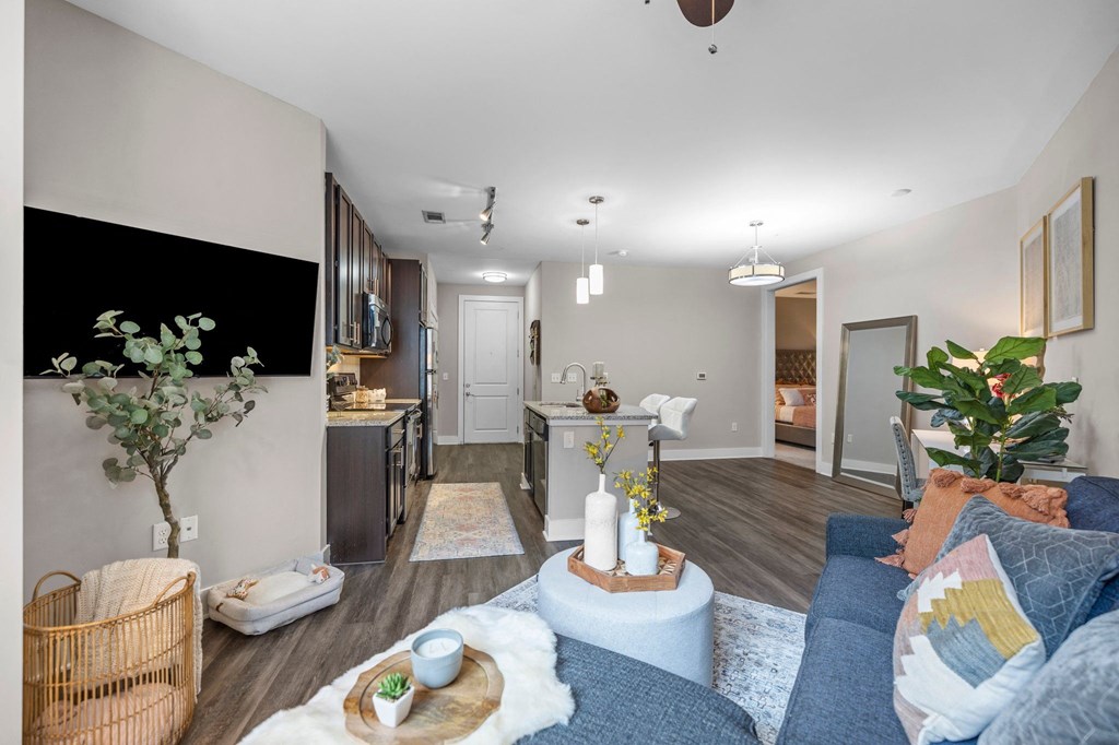 a living room with a couch and a table