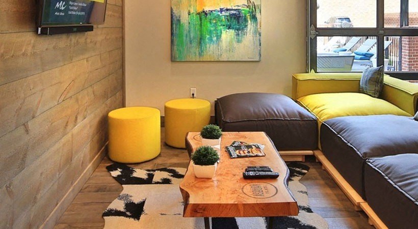 a living room with a couch and a coffee table