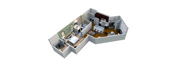 a 3d floor plan of a house with a bedroom and a living room