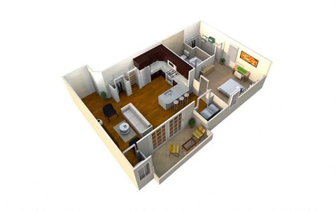 a conceptual drawing of a bedroom floor plan with a kitchen and living room