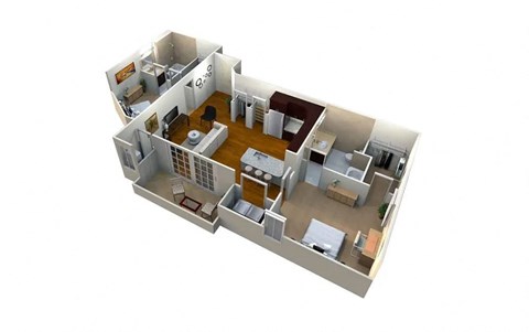a 3d floor plan of a house with a kitchen and a living room