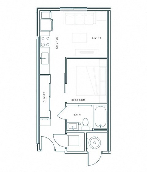 a floor plan of a small apartment with a bedroom and a living room