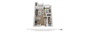 A 3D floor plan of a small apartment with a kitchen, living room, and bedroom.