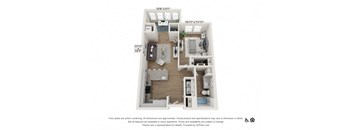 A floor plan of an apartment with a living room, kitchen, and two bedrooms.