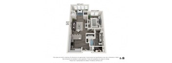 A 3D floor plan of an apartment with dimensions and a disclaimer at the bottom.