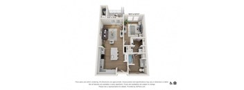 A floor plan of an apartment with a kitchen, living room, and two bedrooms.