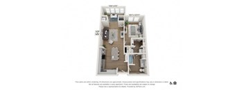 A floor plan of a two-bedroom apartment with a living room, kitchen, and bathroom.