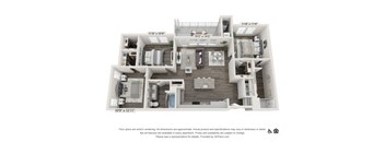 A 3D floor plan of an apartment with dimensions and notes about the availability of features and prices.