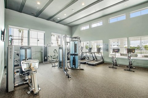 A gym with a variety of equipment including treadmills, stationary bikes, and weight machines.