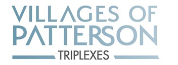 A blue and white logo for Villages of Patterson Triplexes.