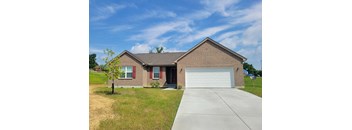 A house with a garage door and a tree in front.