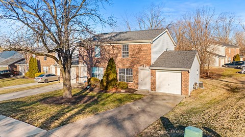 A house with a driveway and a tree in front.