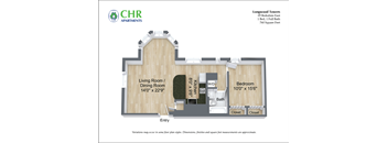 A floor plan for a one bedroom apartment at Longwood Towers.