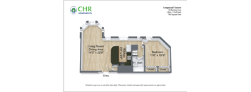 A floor plan for a one bedroom apartment at Longwood Towers.