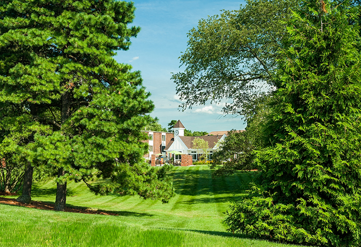 A house is surrounded by trees and grass.