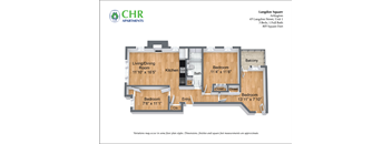 A floor plan for a three bedroom, one bathroom apartment.