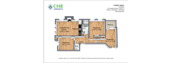 A floor plan for a 5-bedroom apartment with a living/dining room, kitchen, and two bedrooms.
