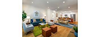 A living room with a blue couch and a green rug.