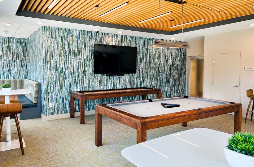 a game room with a pool table and a tv