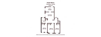 A floor plan for the Kilsyth Manor, a 1000 square foot home with three bedrooms and one bath.