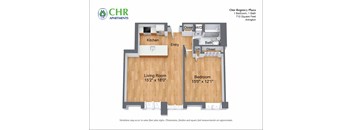 A floor plan for a one-bedroom, one-bath apartment in the CHR Apartments.
