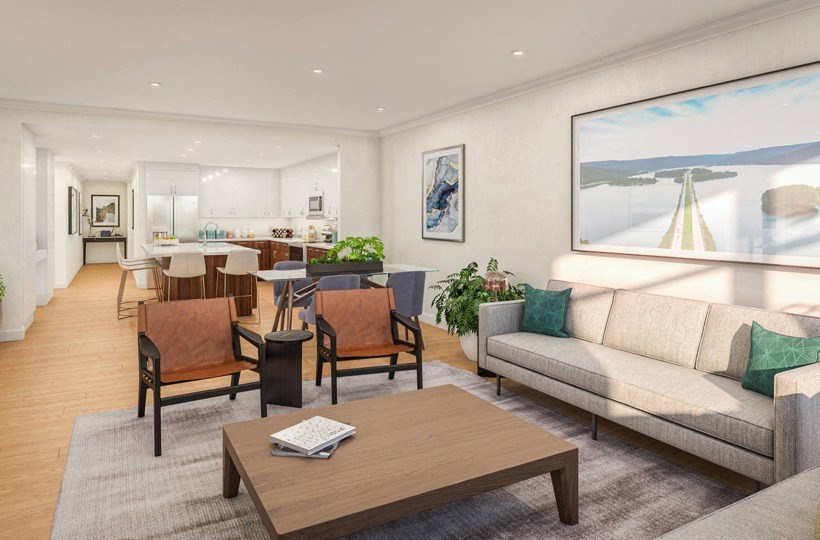 a living room with a couch and a table