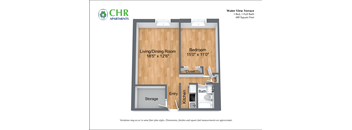 A floor plan for a one bedroom apartment with a living room, kitchen, bathroom, and storage space.