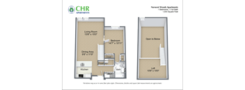 A floor plan for a 1 bedroom apartment at CHR Apartments.