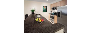 A kitchen with granite countertops and stainless steel appliances.