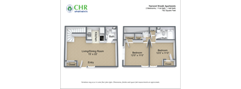 A floor plan for a two bedroom apartment with two bathrooms.
