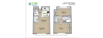 A floor plan for a 2 bedroom, 1 full bath apartment with a living room and dining area.