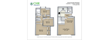 A floor plan for a 3 bedroom, 1 full bath apartment with a living room and dining area.