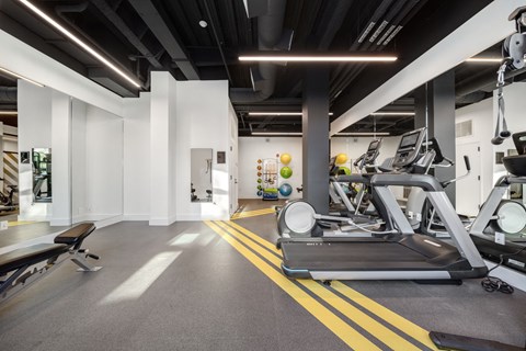 Gym featuring Mirror, Peloton Bike, treadmills, and weights