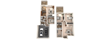 A floor plan of a two-story house with a garage and a separate living area.