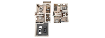 A floor plan of a two-story house with a garage and a driveway.