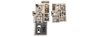 A floor plan of a two-story house with a garage and two cars.