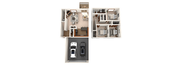 Two cars are parked in a garage attached to a house.