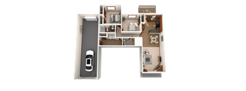 A 3D floor plan of a house with a car parked in the garage.