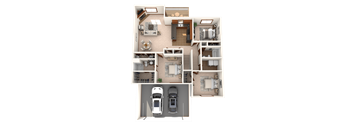 A detailed floor plan of a house with a garage and two cars.