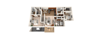 A 3D floor plan of a house with a garage and a car.