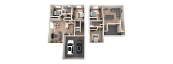 Two floor plan images of a house with a car parked in the garage.