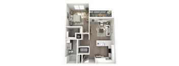A 3D floor plan of a small apartment with a kitchen, living room, and bathroom.